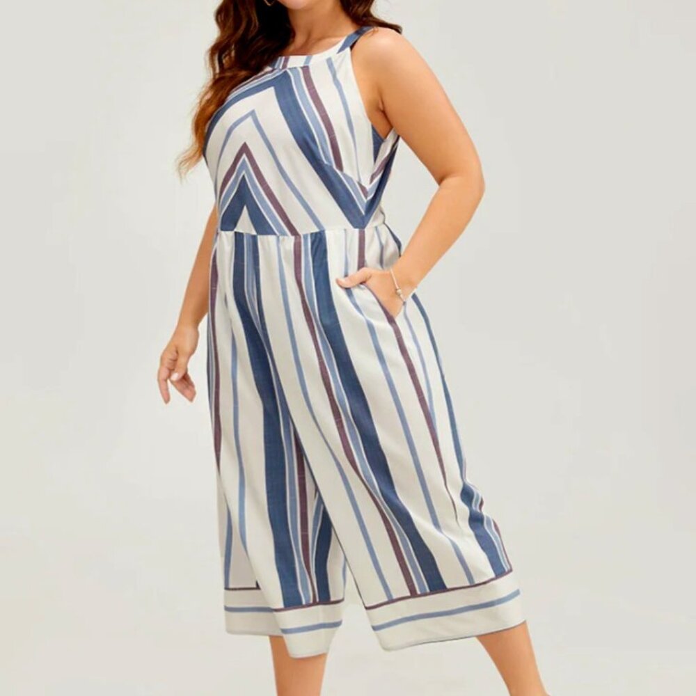 Striped Wide-Leg Sleeveless Jumpsuit in Blue & White